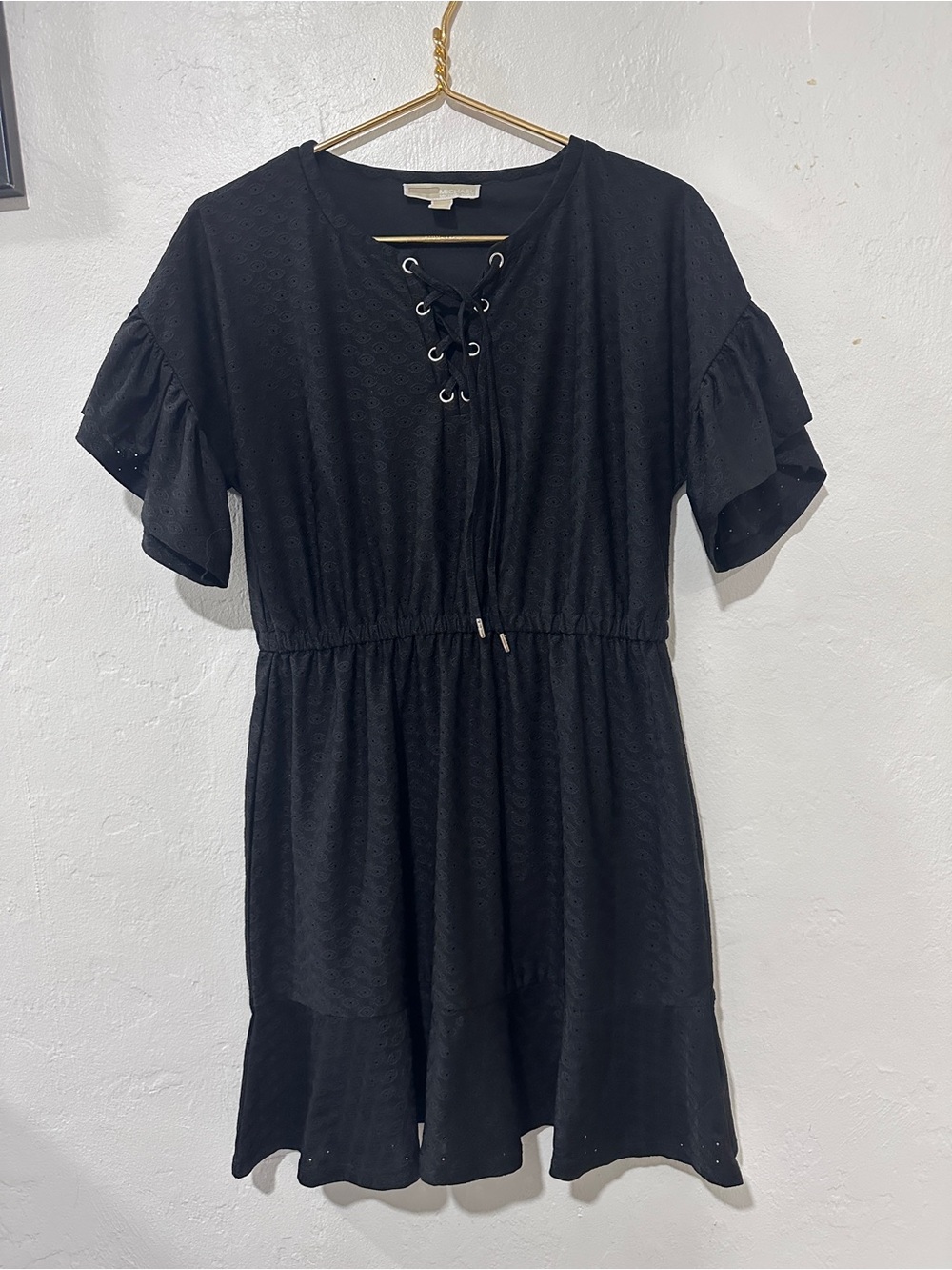 Michael Michael Kors Black Eyelet Lace-Up Dress size m ruffle sleeve elastic
